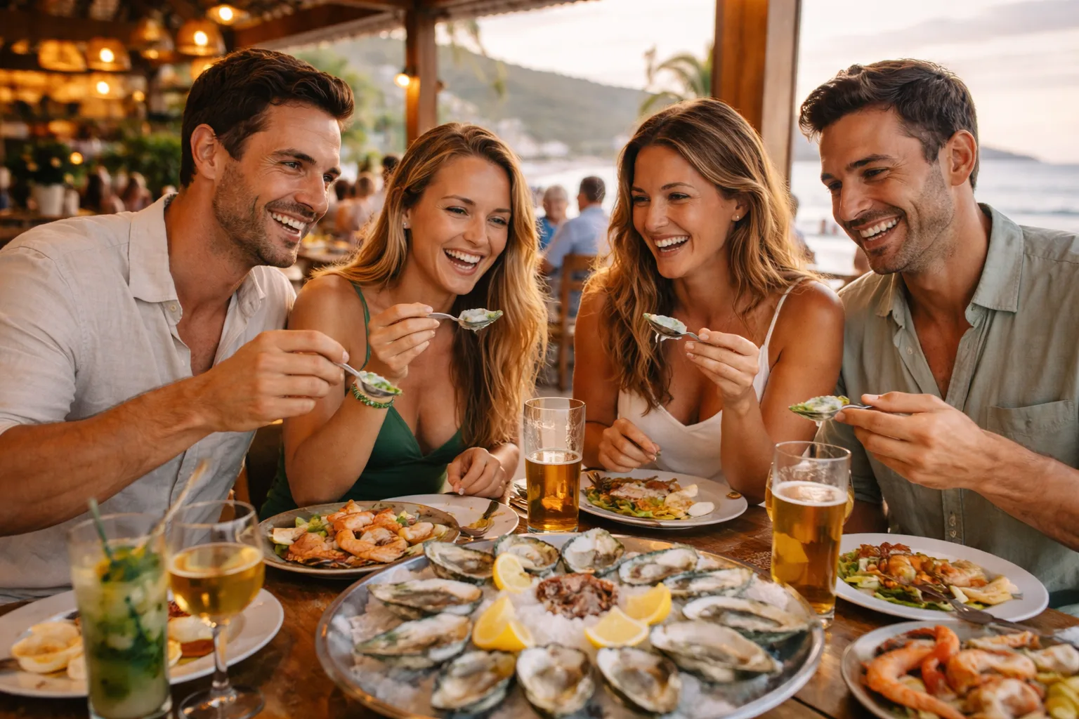 Mesa com frutos do mar servidos no litoral do Parana